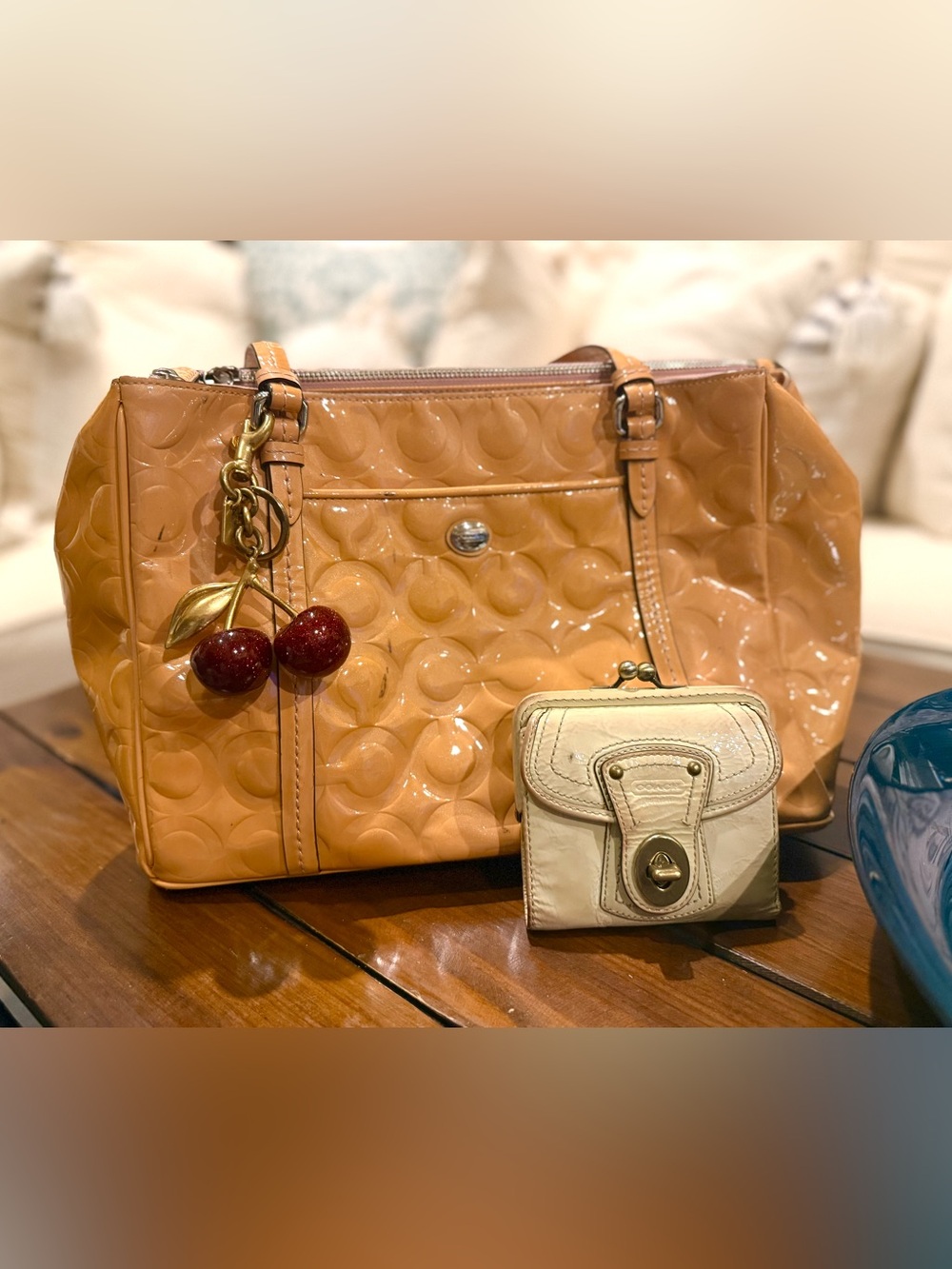 Coach Patent Tote in Peach with Cherry Charm